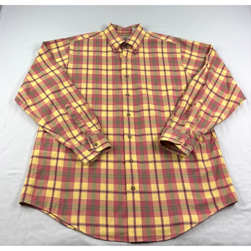 Viyella Shirt Mens Large Pink Yellow Plaid Cotton‎ Wool Blend 80/20 Button Up